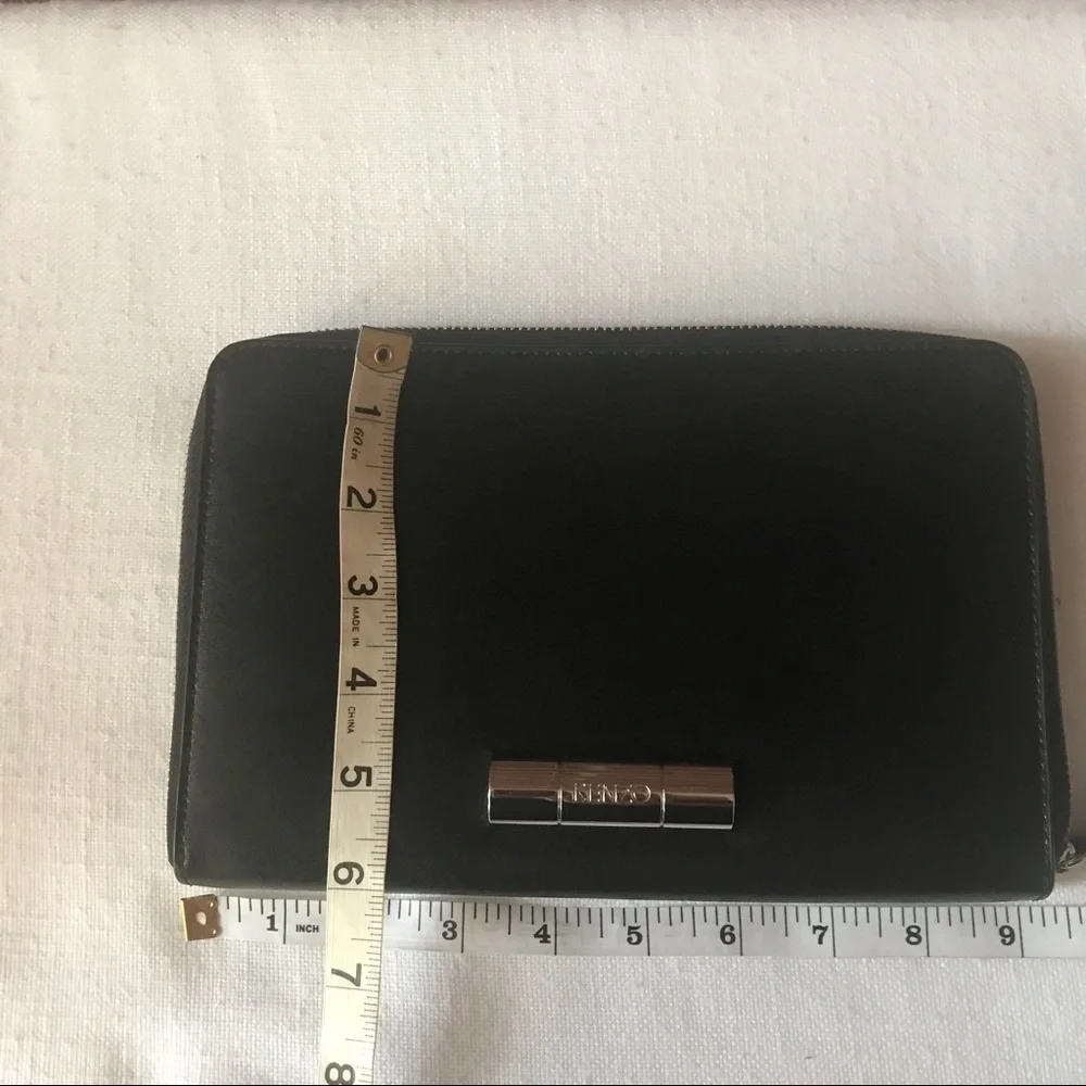•Kenzo Black Leather Zip Clutch Travel Wallet Organizer